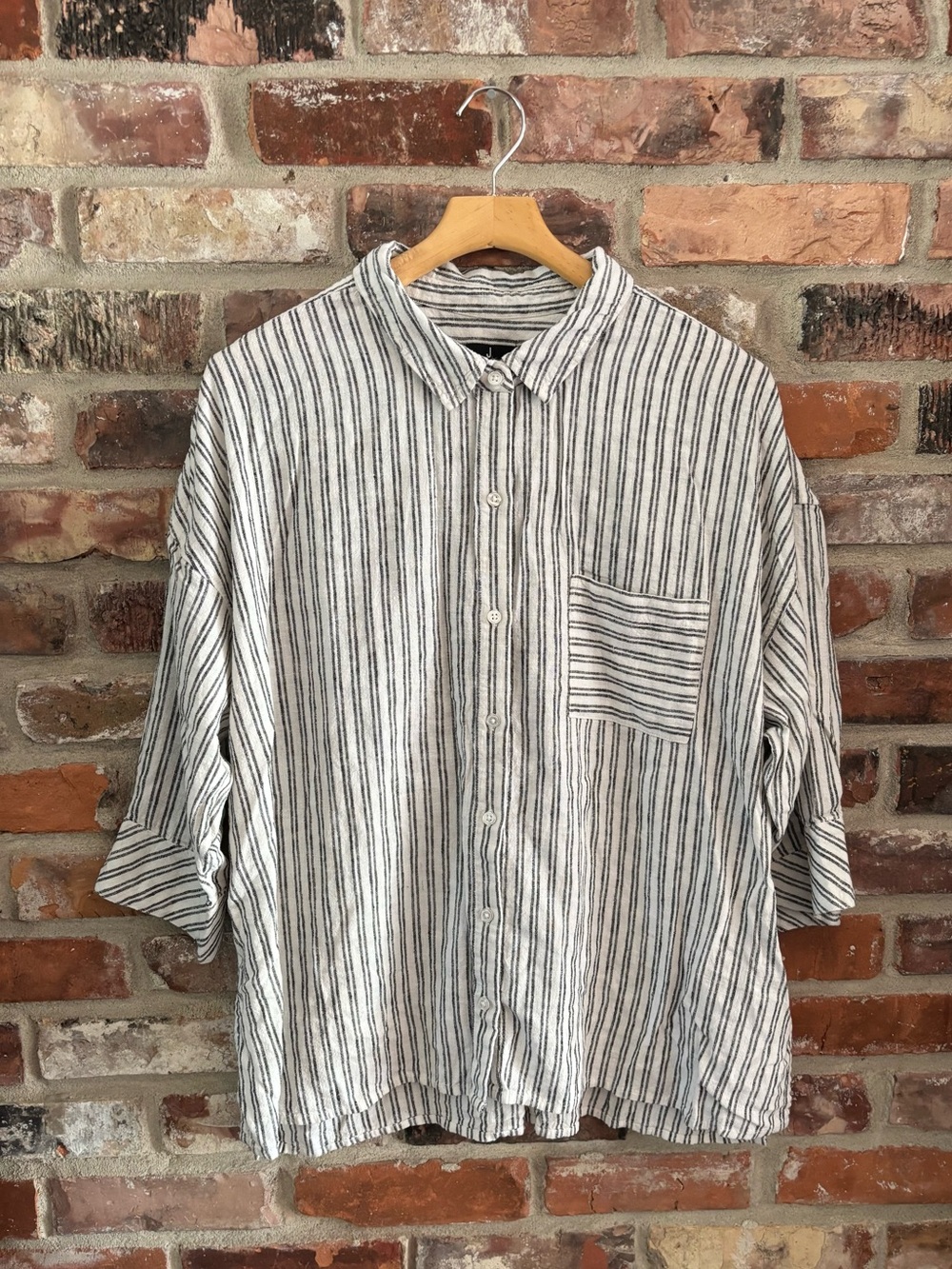J Jason Wu Linen Blend Stripe Button Up Tunic Shirt Top, XL